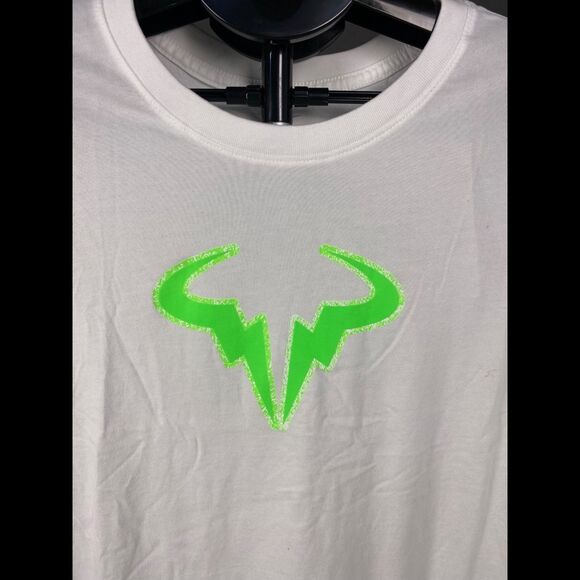 Nike Rafa Nadal Bull Logo Dri-FIT T-Shirt White Neon Green | Women’s Large - Picture 2 of 7